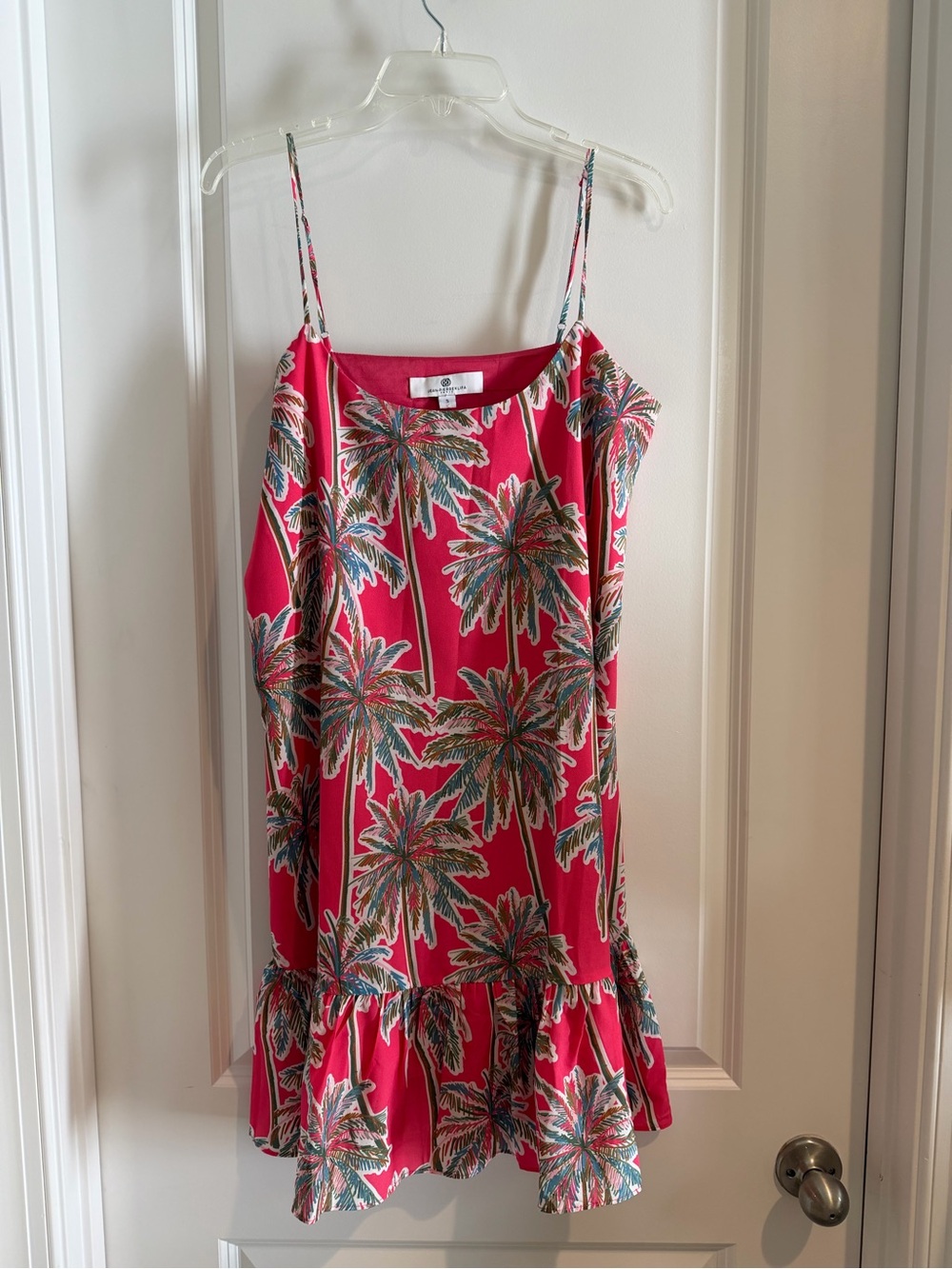 Hot Pink Palm-Print Spaghetti Strap Mini Dress